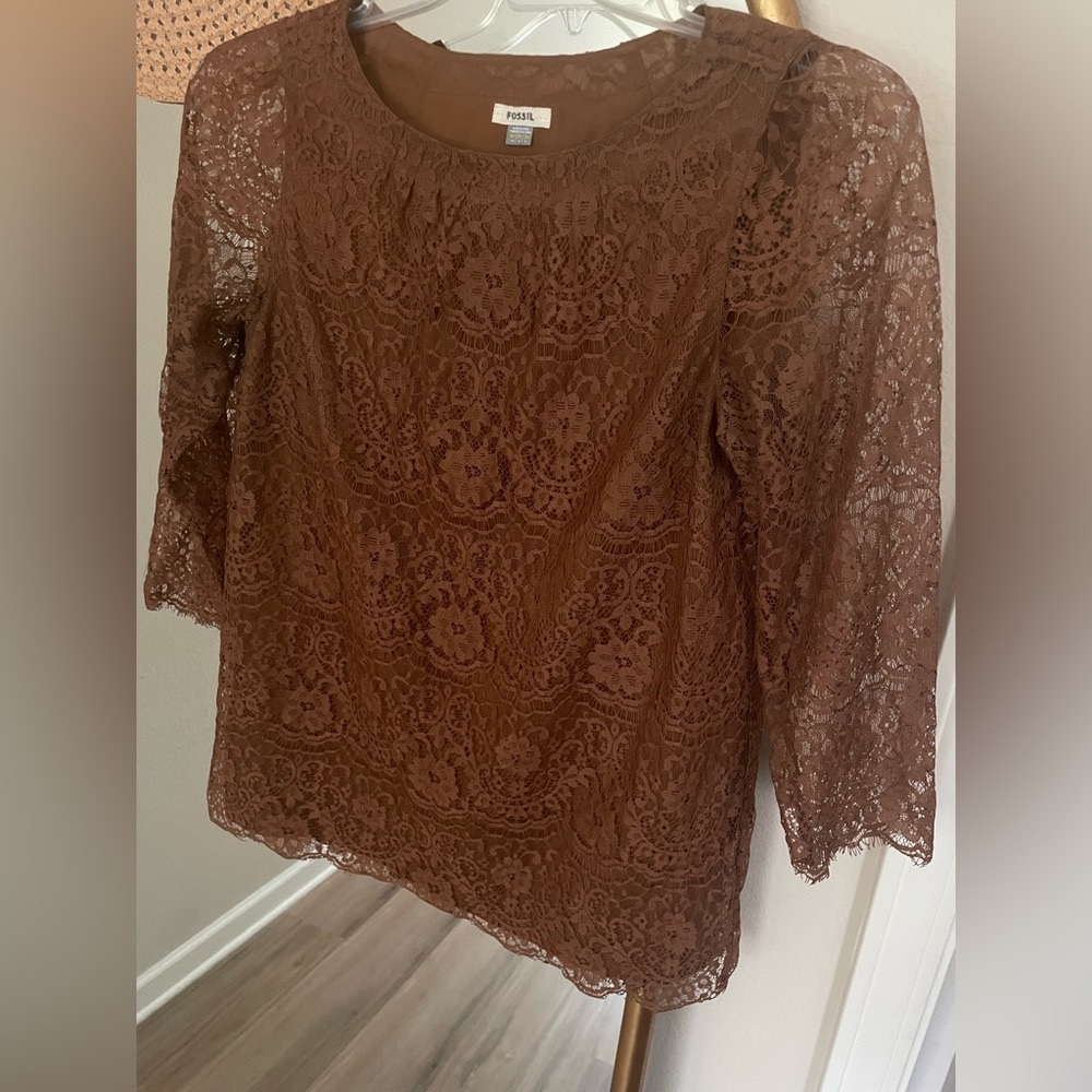Fossil Brown Lace 3/4 sleeve top size Medium